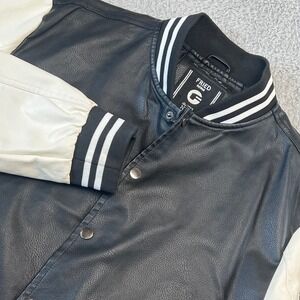 Fried Denim Mens Faux Leather Varsity Letterman Jacket‎ Black White XL NYC
